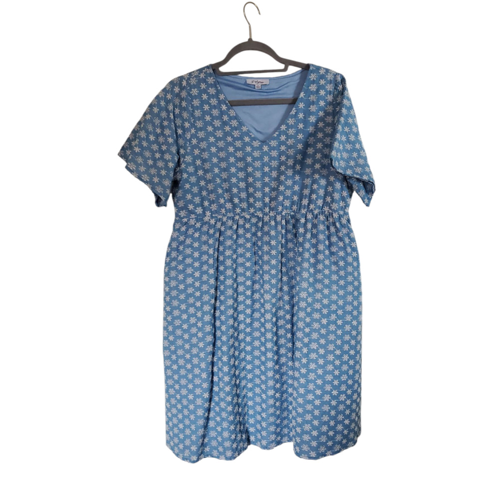Polagram Cottagecore Blue White Embroidered Floral Shift Mini Dress, Size Medium